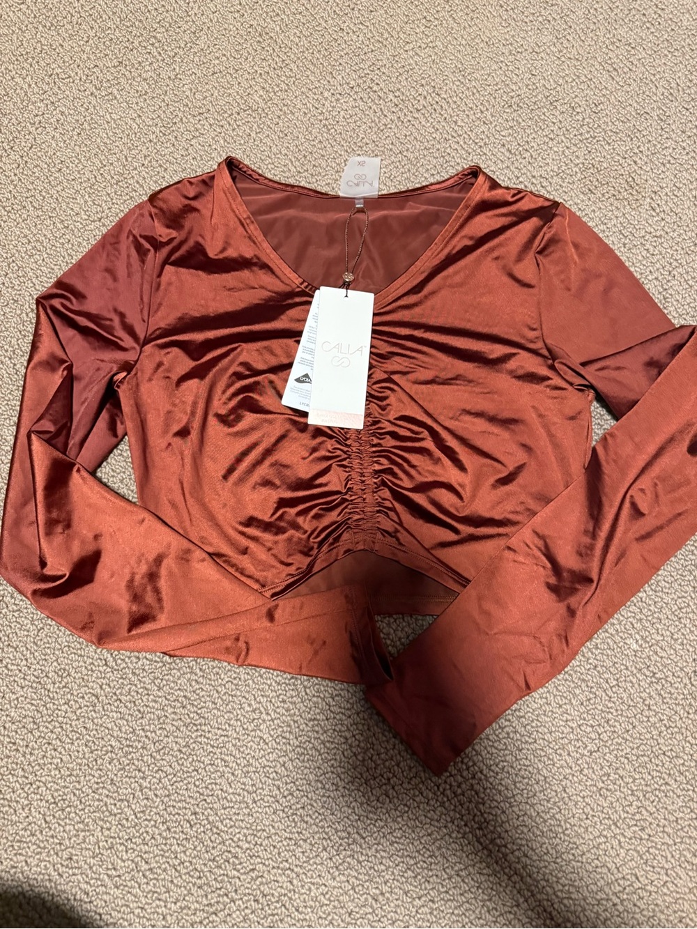 CALIA by Carrie Underwood Copper Rust V-Neck Ruched Long-Sleeve Swim Tee